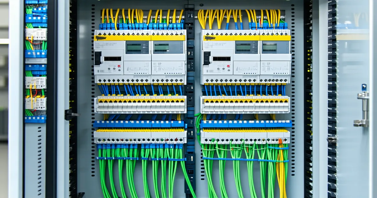 Industrial PLC control panel and network cabinet showing industrial protocol connections