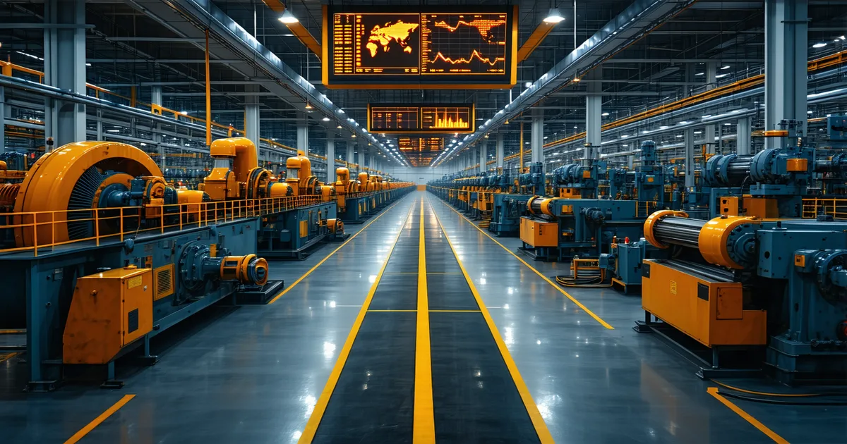 Manufacturing plant floor with large industrial equipment and overhead production metrics display