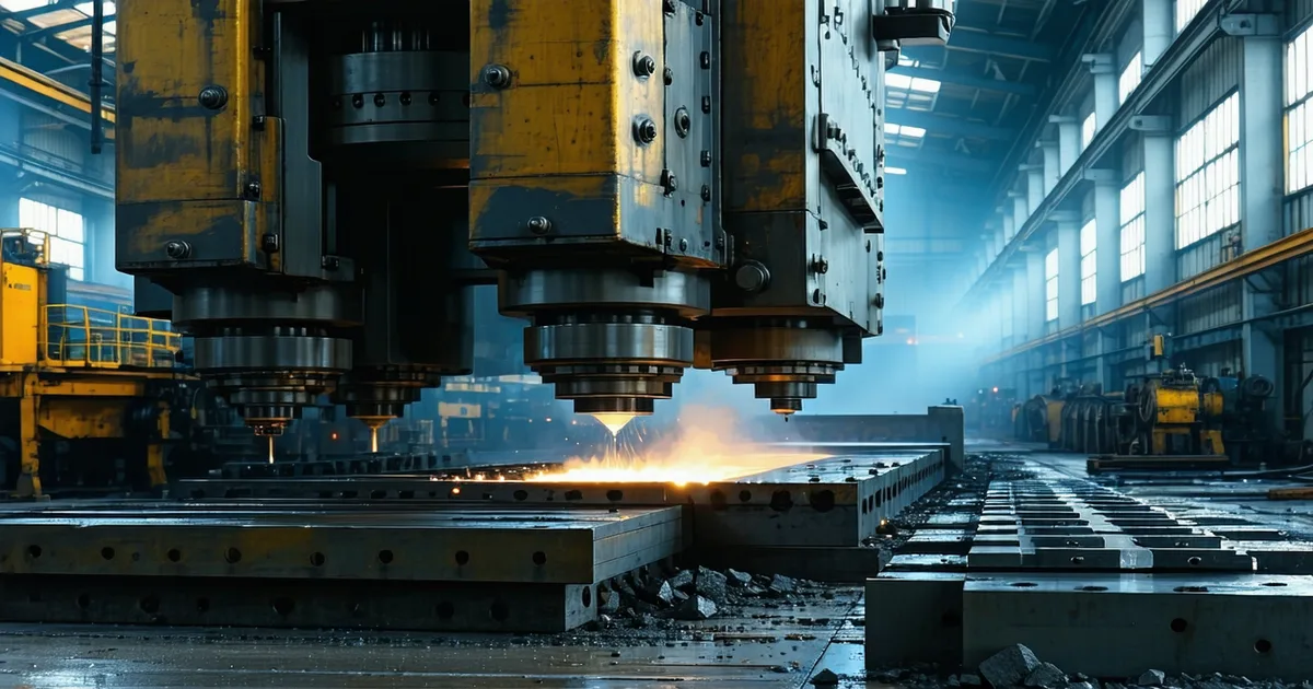 Industrial stamping press in operation at a metalworking manufacturing facility