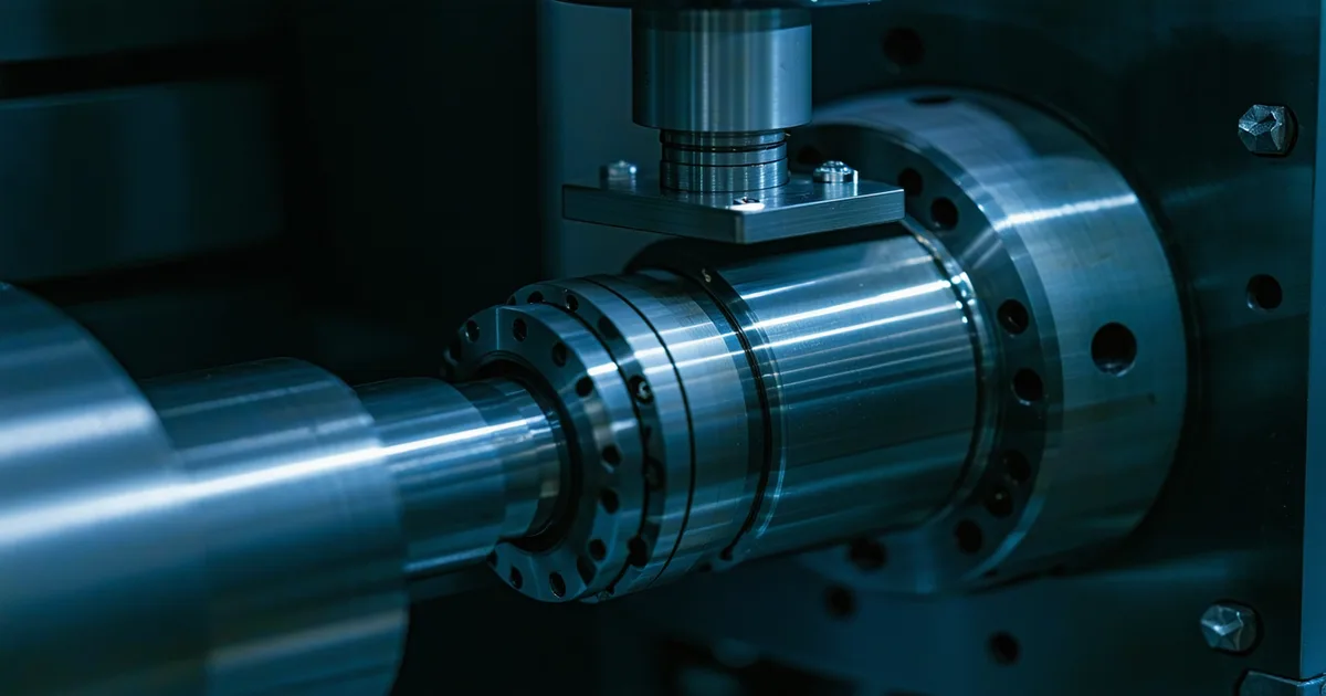 CNC spindle bearing with vibration sensor attached, close-up industrial photography