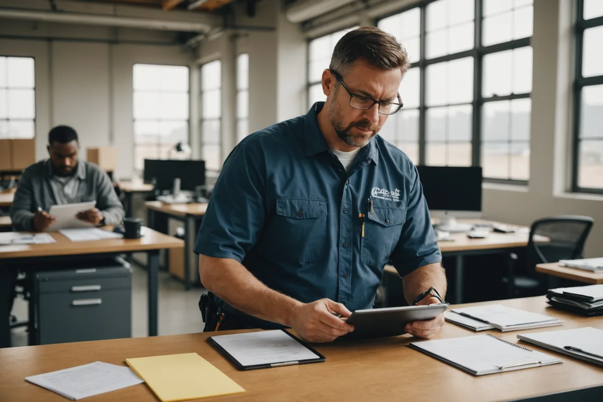 Maintenance coordinator reviewing work orders on tablet at standing desk in industrial office
