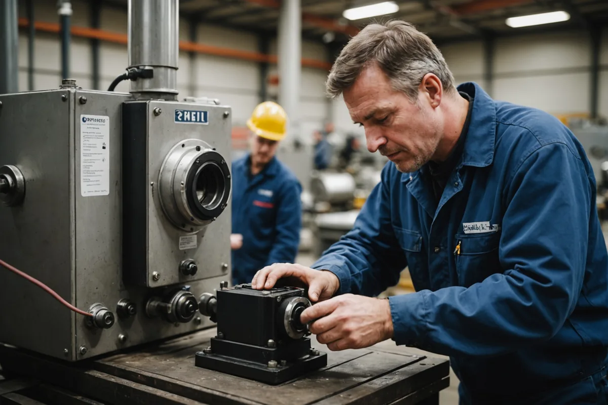 Maintenance technician mounting vibration sensor onto rotating machine housing on factory floor