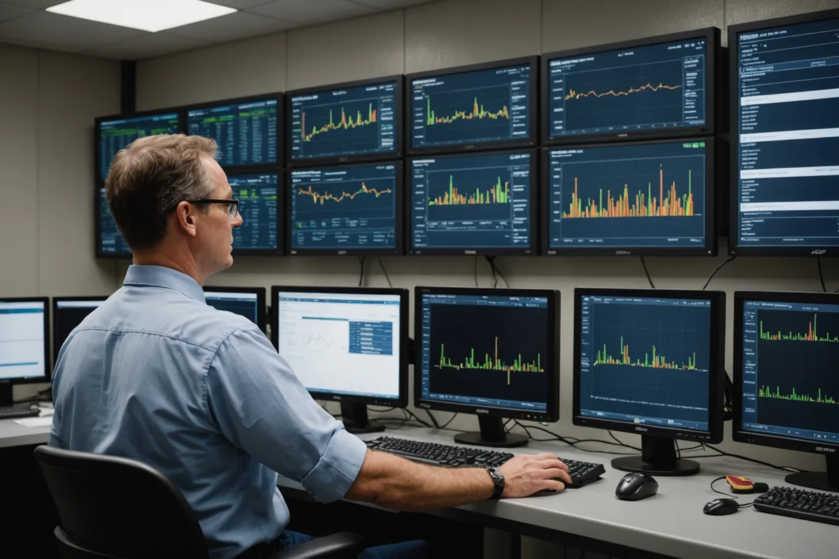 Reliability engineer studying machine health timeline display in industrial control room