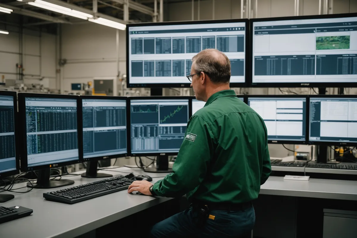 Plant manager reviewing equipment health overview on large monitor in glass-walled oversight room