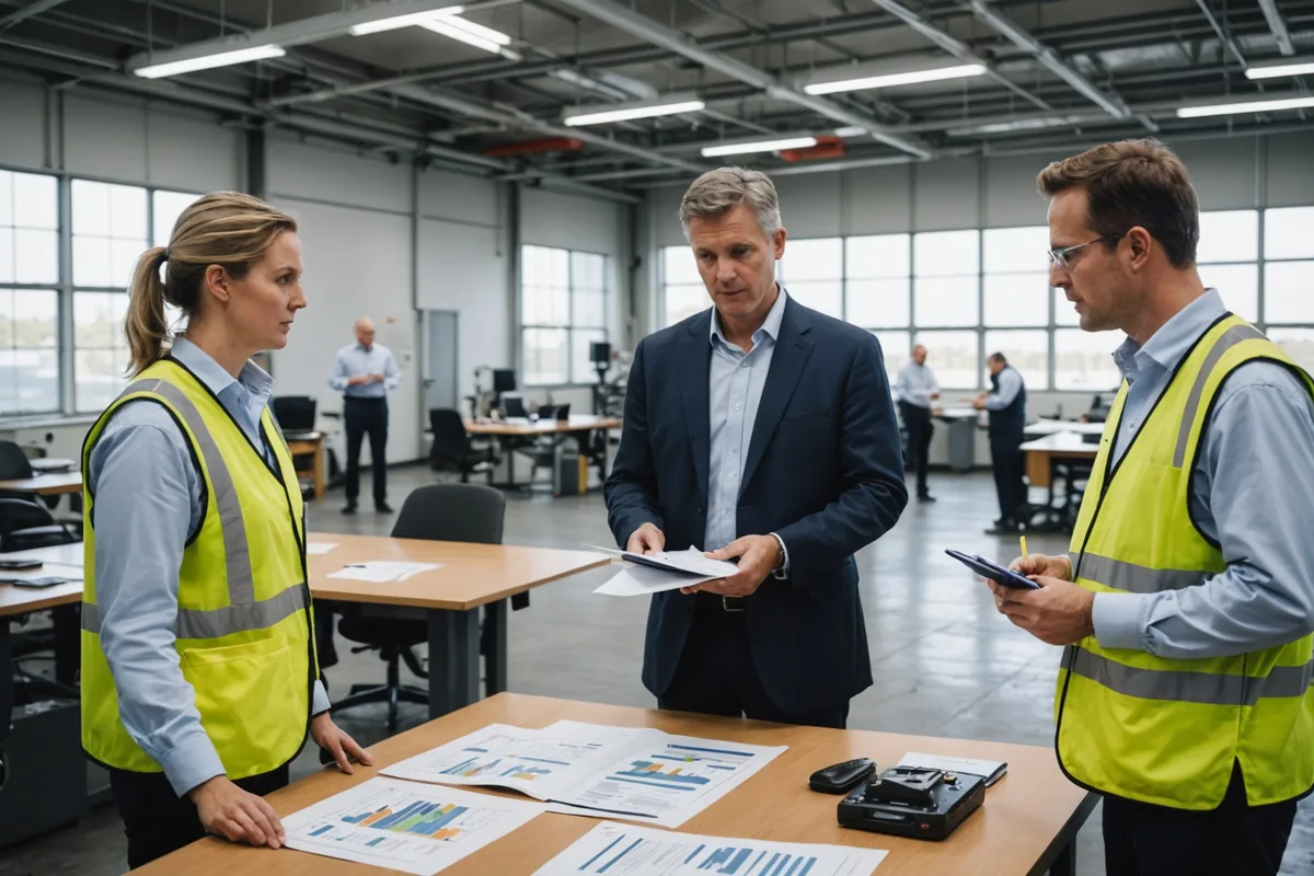 Operations director presenting maintenance ROI report to colleagues in conference room adjacent to manufacturing floor
