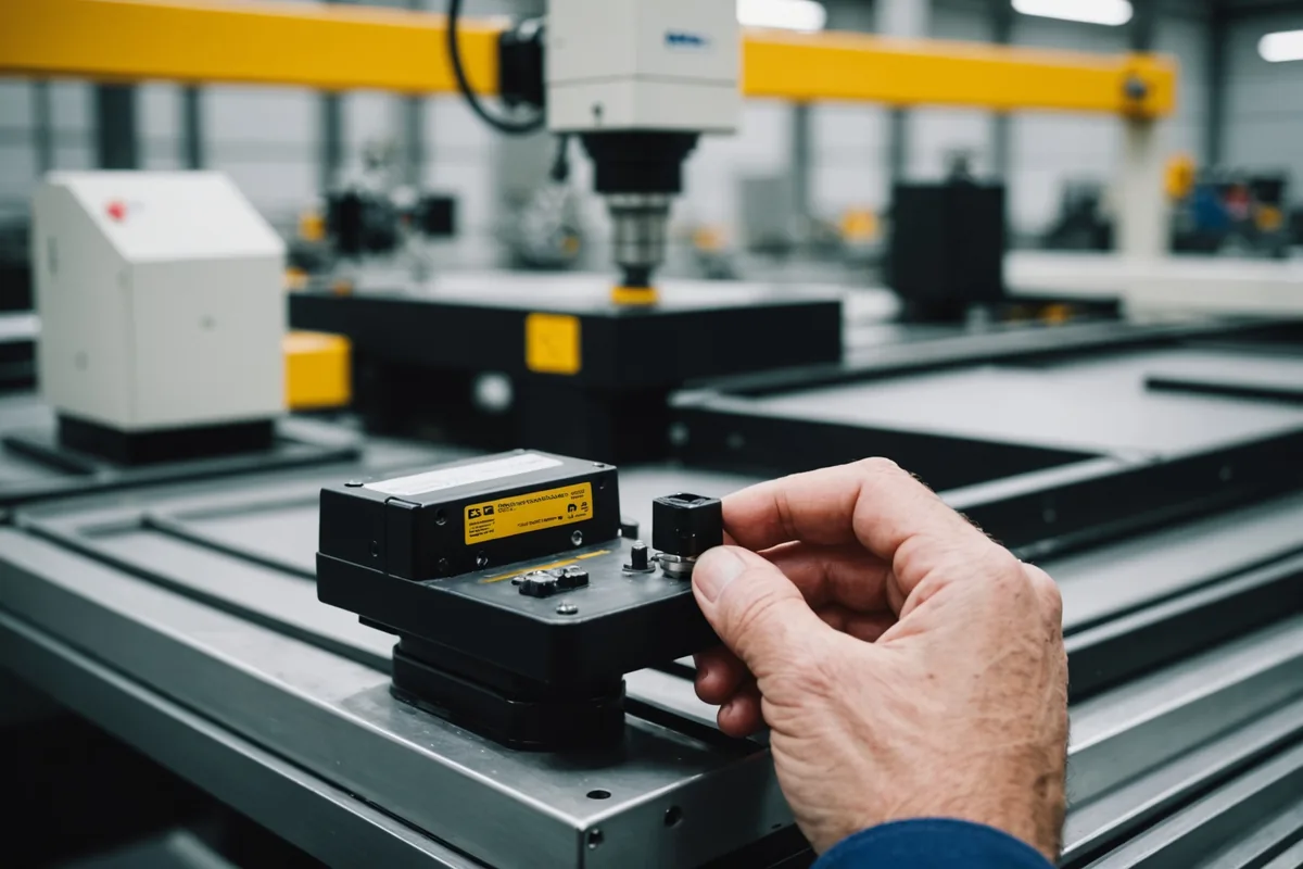 Engineer holding compact wireless sensor next to gearbox on production line