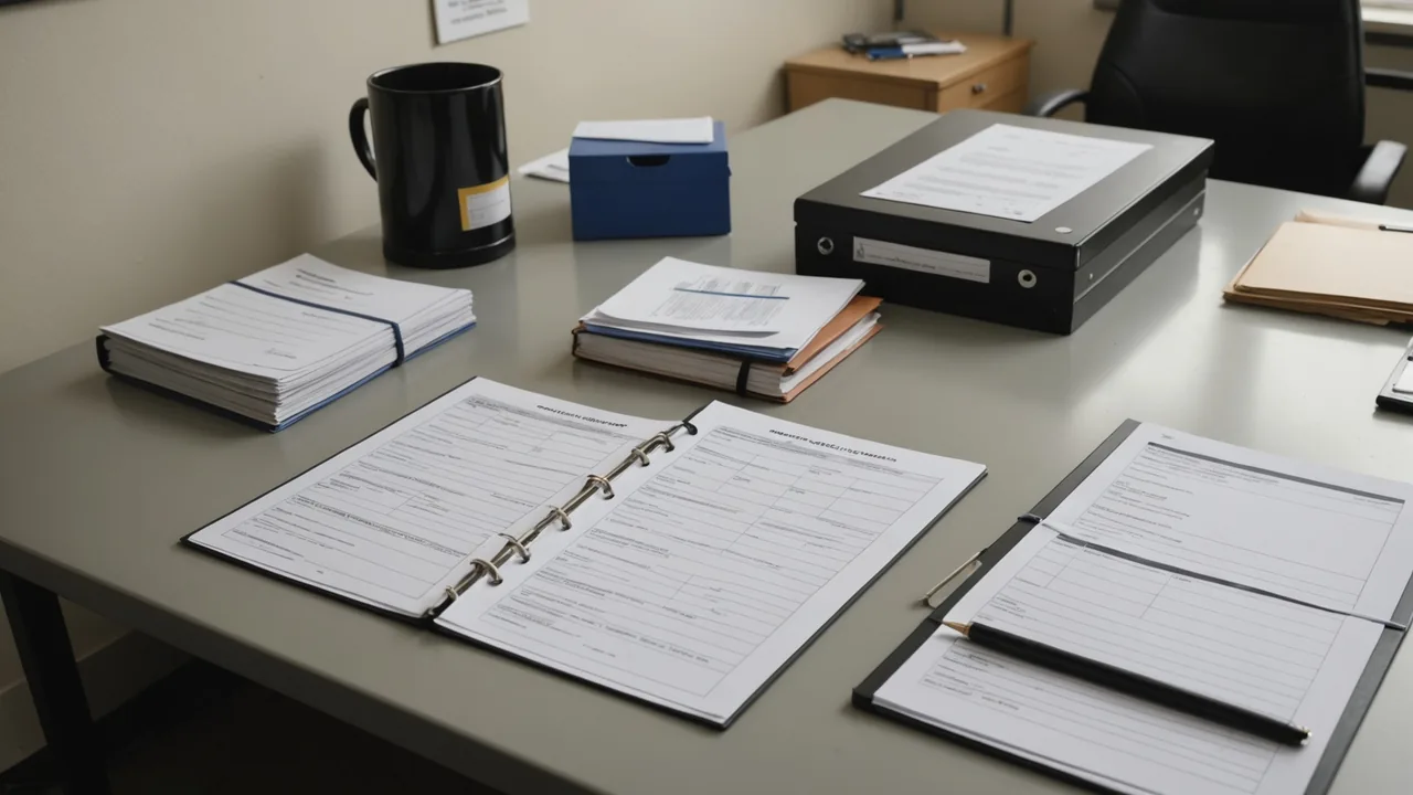Quality compliance binder and asset register documents on a desk in an industrial plant office