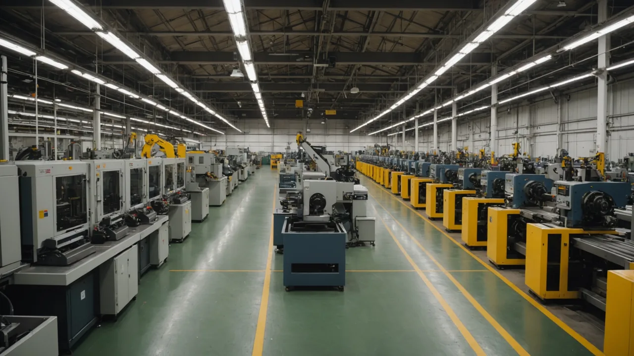 Wide view of an automotive stamping plant production floor
