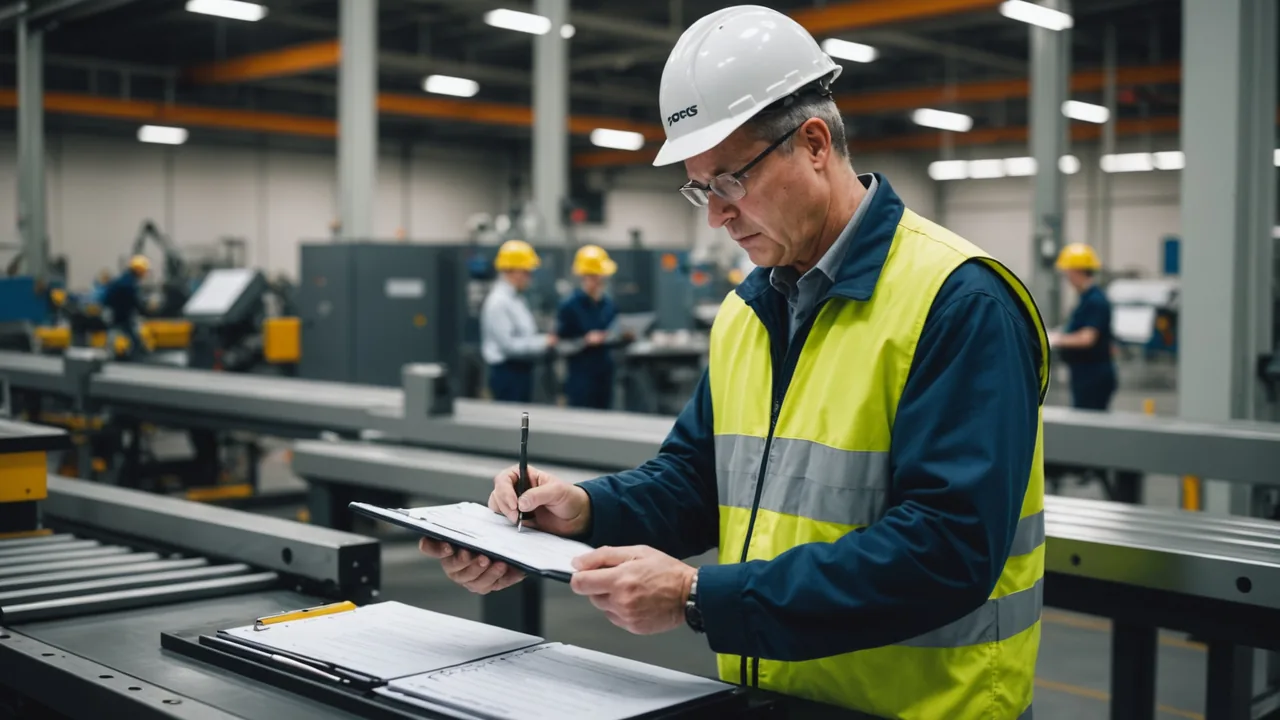 Maintenance supervisor reviewing KPI report on clipboard in front of a production line