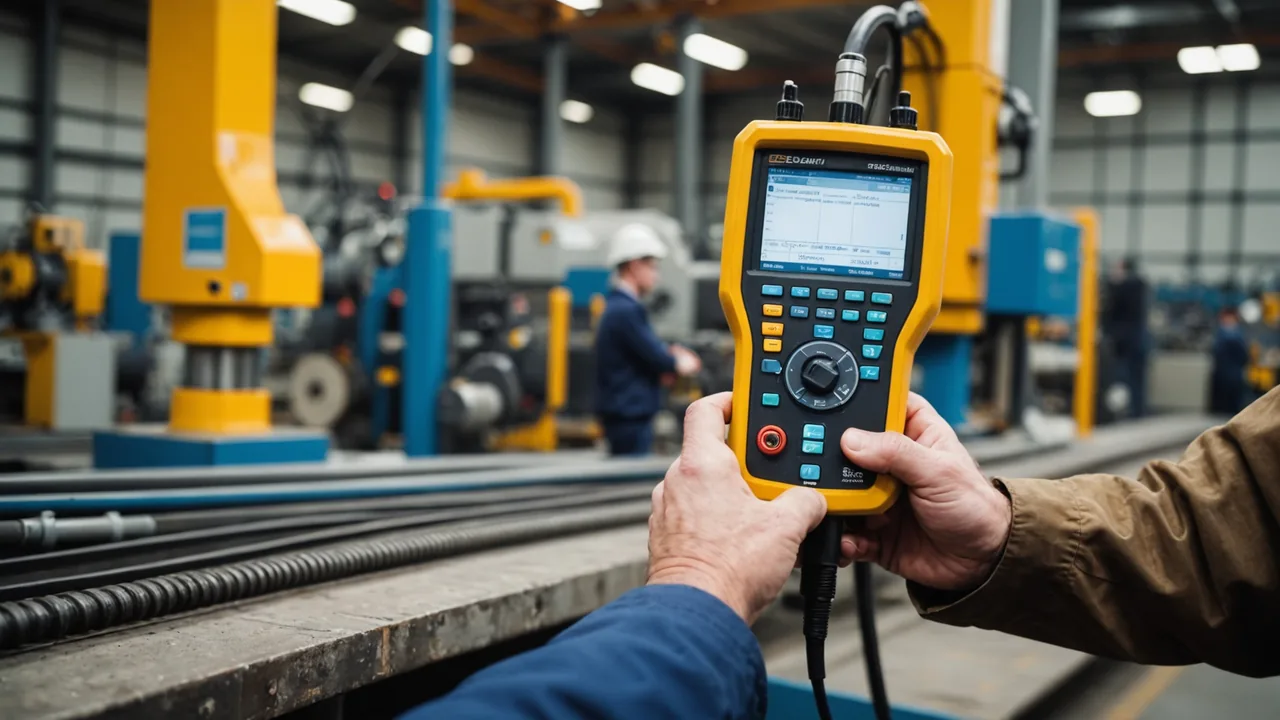 Reliability engineer with vibration analyzer on pump coupling