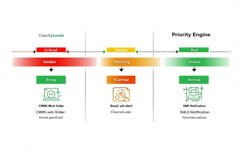 Alert prioritization and work order dispatch system showing fault detection routing to maintenance queue