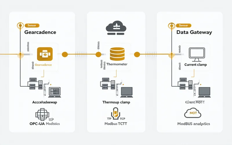 Platform architecture diagram showing sensor data ingestion via OPC-UA, Modbus, and MQTT protocols flowing into Gearcadence