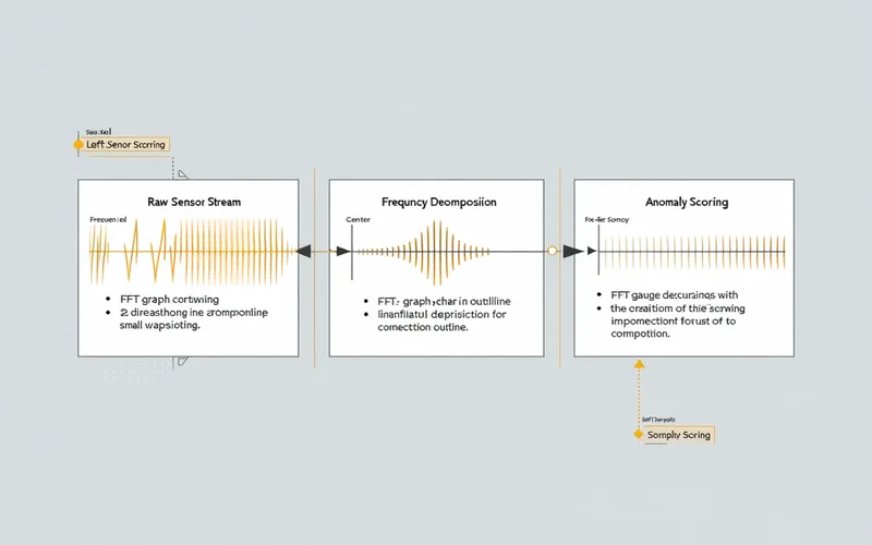Machine learning anomaly detection pipeline showing time-series data analysis and fault signature identification